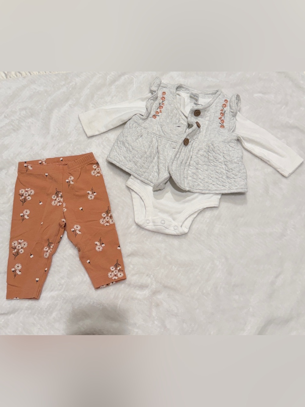 Carter's White Quilted Vest & Rust Floral Leggings Baby Outfit